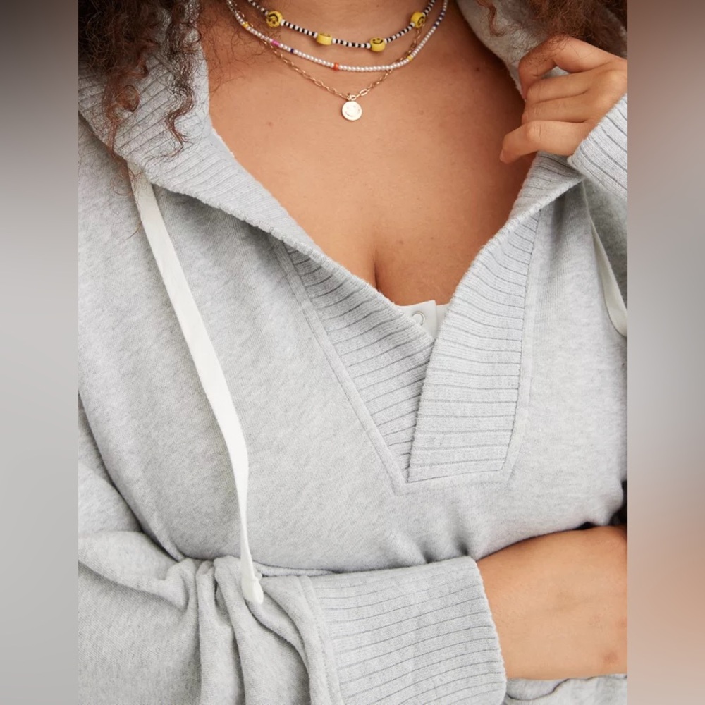 Aerie Down‑To‑Earth Henley Hoodie Oversized Gray Sweatshirt — XS - Picture 3 of 13
